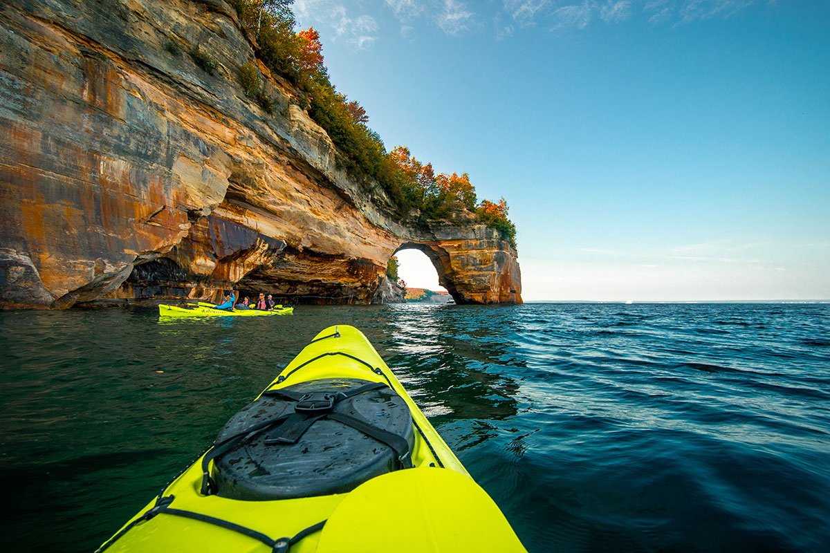 An intimate view of the Pictured Rocks cliffs on a Pictured Rocks Kayaking tour. PC: Pictured Rocks Kayaking