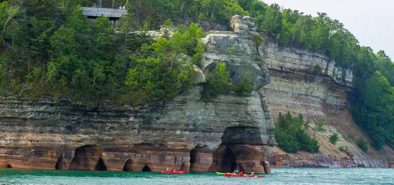 Miners Castle in Pictured Rocks, showcasing the cliffs topped by forests