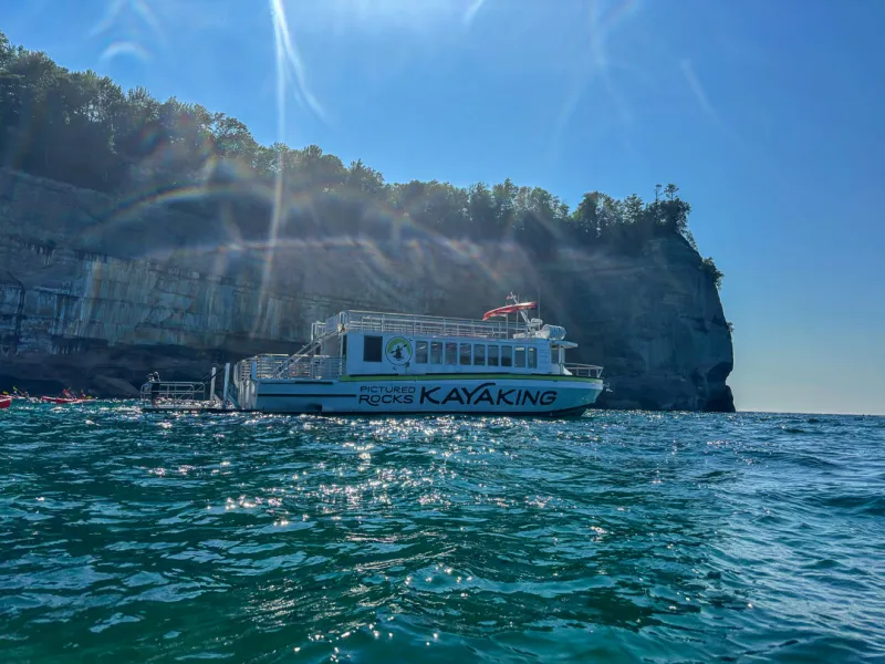 Pictured Rocks Kayaking support boat launching kayakers need Indian Head